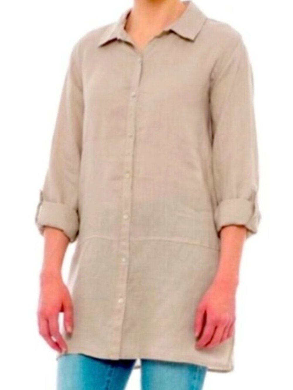 Tahari 100% linen button front drop waist roll tab sleeve tunic top